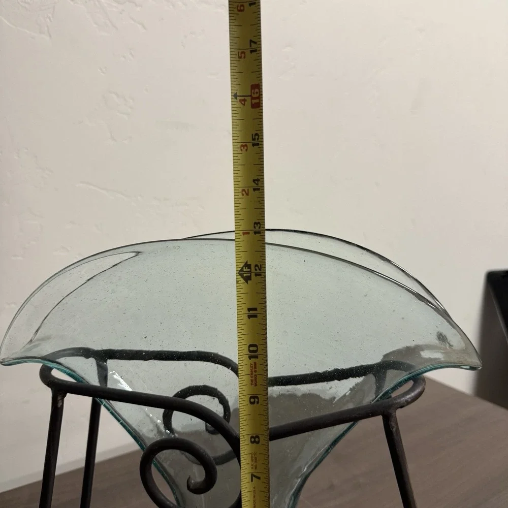Blown Glass Vase Blue Glass Wrought Iron Base Tulip Shape
